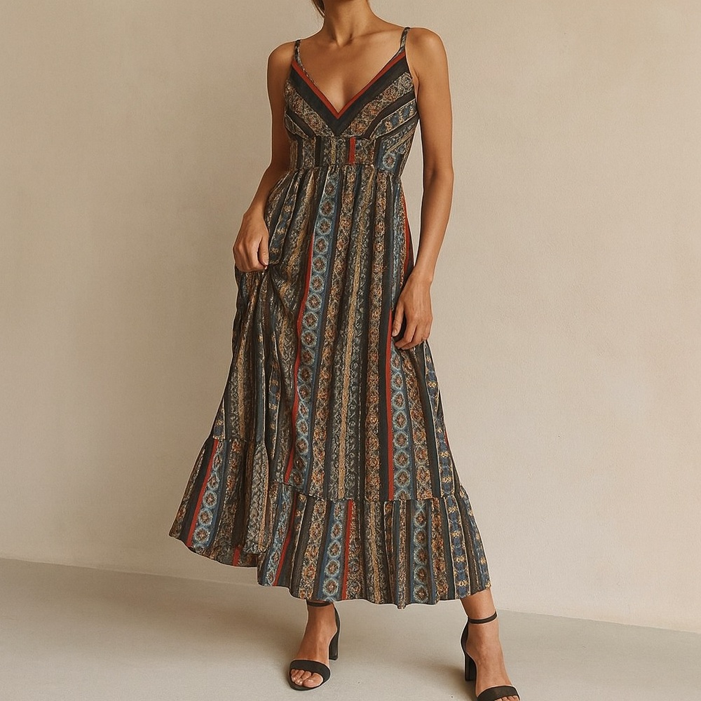 Tahari Synthetic Sleeveless Tile Stripe Maxi Dress in Black Size Small
